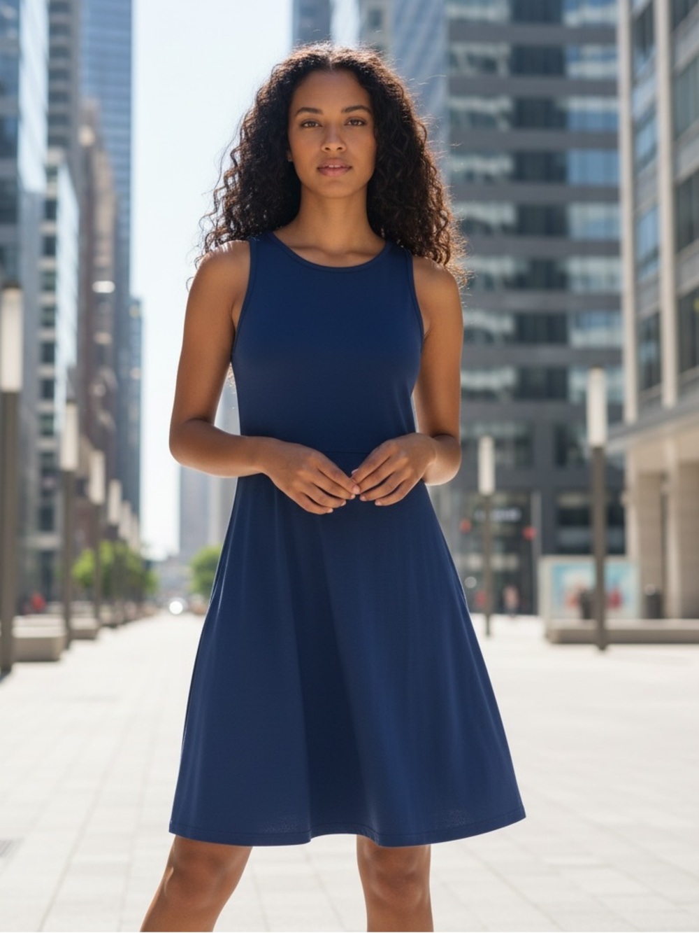 Old Navy women size Medium Blue midi ponte sleeveless skater fit pullover dress